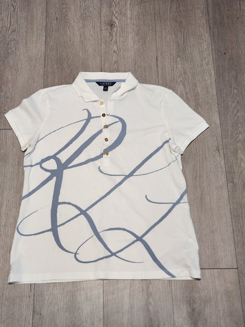 Lauren Ralph Lauren White Blue Abstract Script Monogram Polo Shirt Size Large